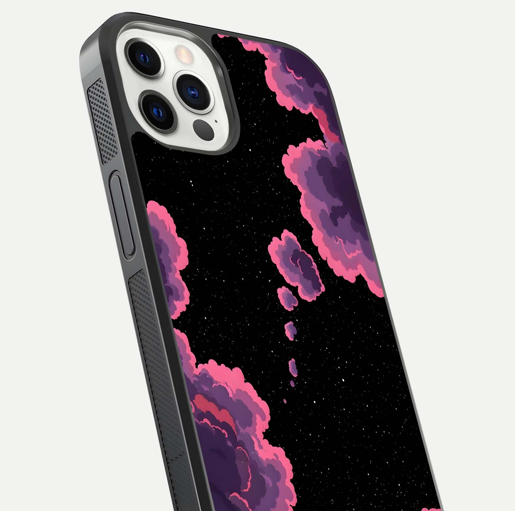 Cosmic Cloud Journey Glass Case for iPhone 12 Pro close-up highlighting star clusters and reflection texture