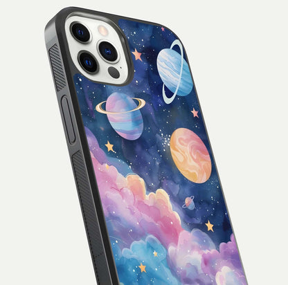 Cosmic Planet Dreams Glass Case for iPhone 12 Pro close-up highlighting planetary details and reflection glow