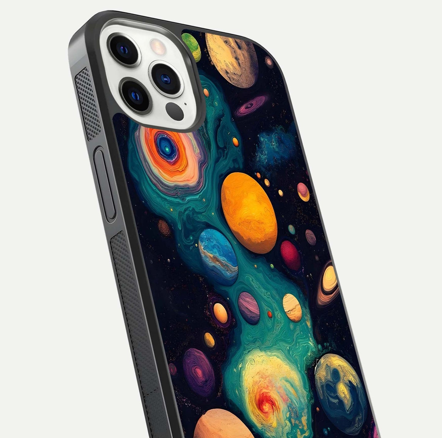 Cosmic Planet Journey Glass Case for iPhone 12 Pro close-up highlighting planets, stars, and shine reflection