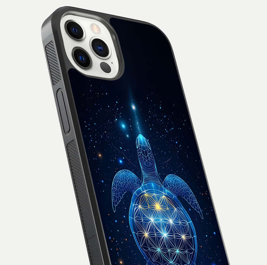 Crimson Blue Turtle Glass Case for iPhone 12 Pro close-up highlighting turtle shell detail and shine reflection