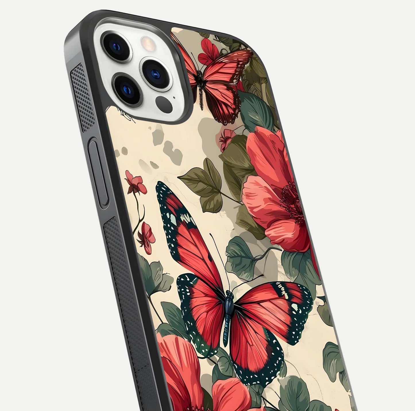 Crimson Butterfly Garden Glass Case for iPhone 12 Pro close-up showing wing detail and reflection shine
