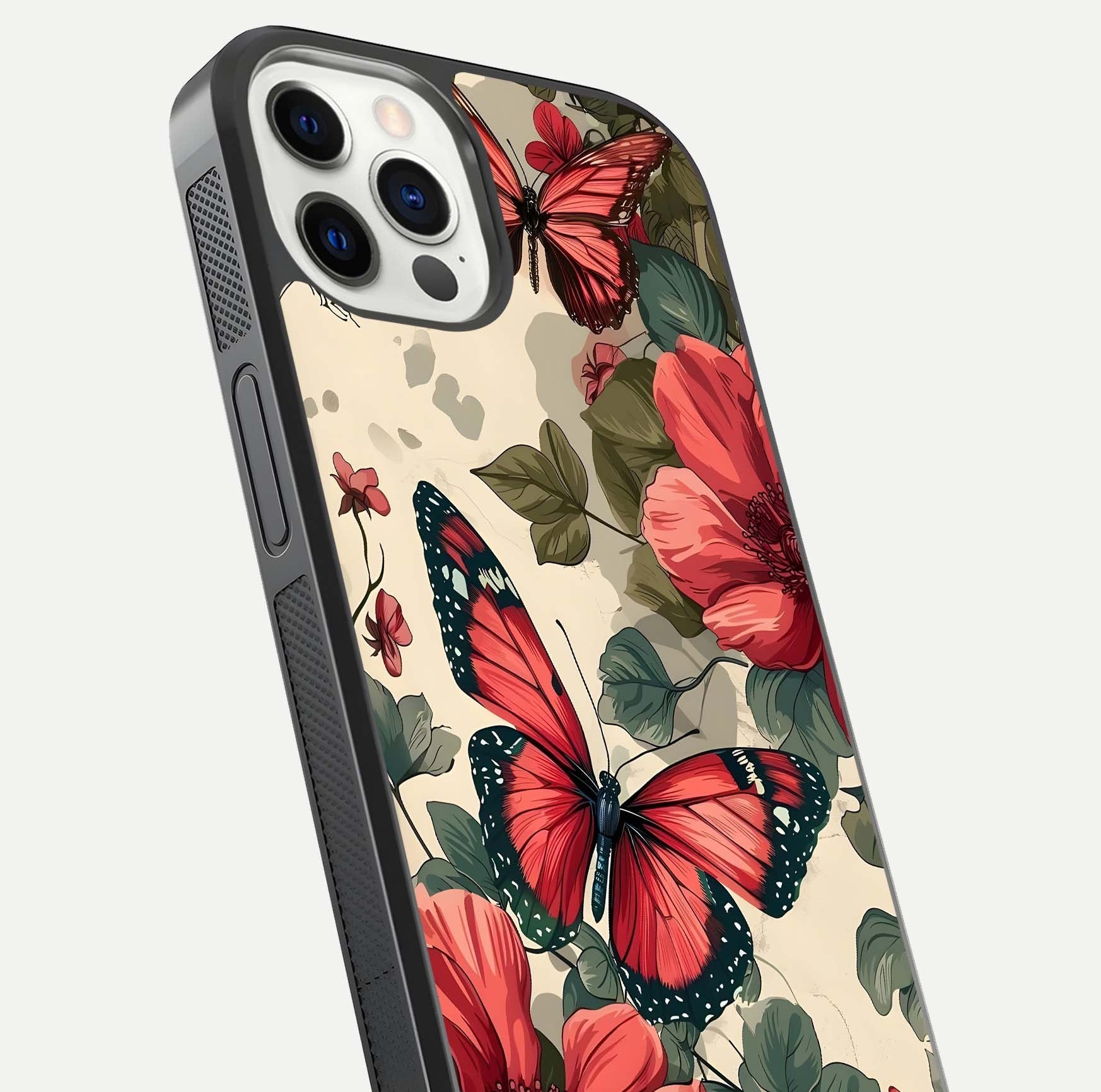 Crimson Butterfly Garden Glass Case for iPhone 12 Pro close-up showing wing detail and reflection shine