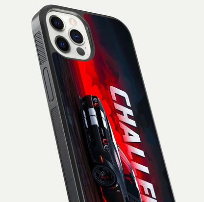 Crimson Challenger Fury Glass Case for iPhone 12 Pro close-up highlighting car details and reflection depth