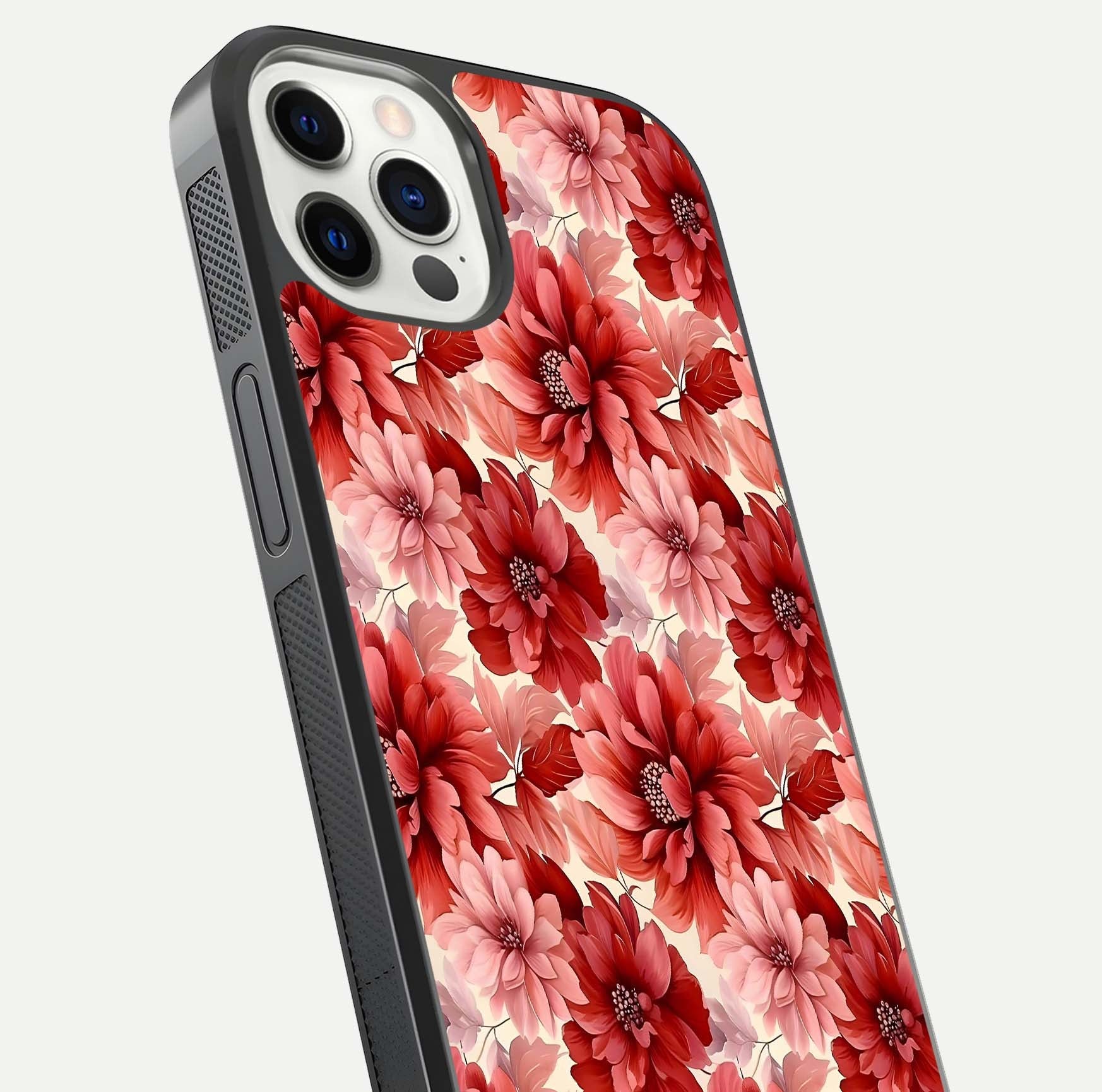 Crimson Love Petals Glass Case for iPhone 12 Pro close-up highlighting petal texture and light reflection