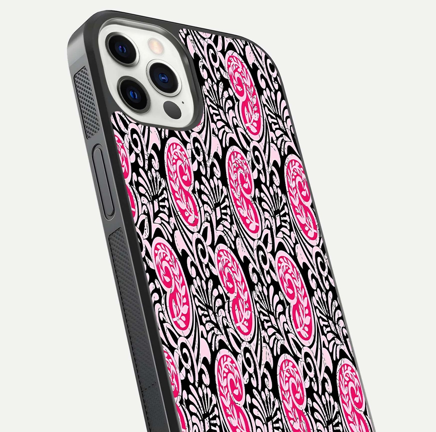 Crimson Paisley Charm Glass Case for iPhone 12 Pro close-up highlighting fine pattern detail and reflection tone