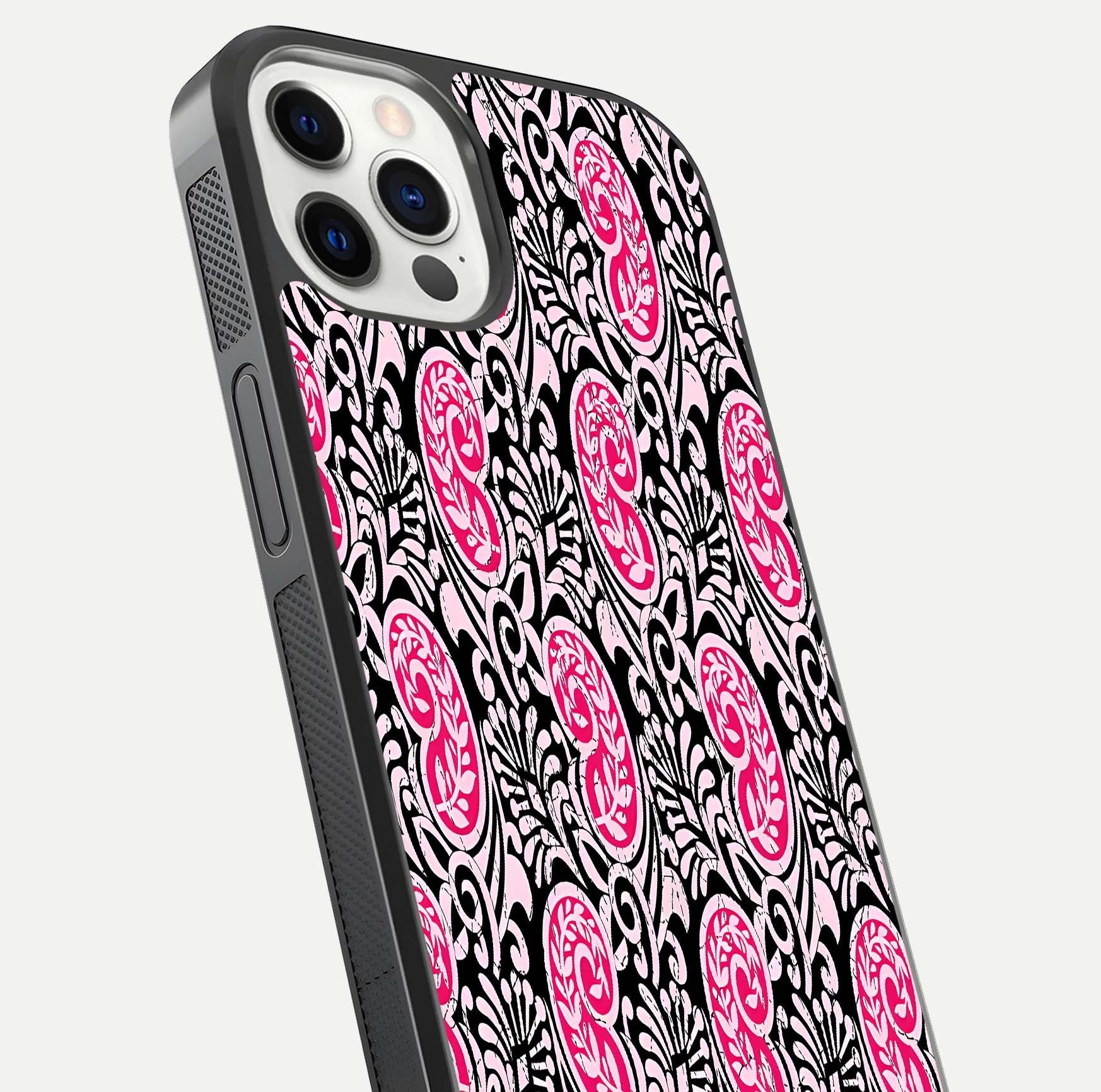 Crimson Paisley Charm Glass Case for iPhone 12 Pro close-up highlighting fine pattern detail and reflection tone
