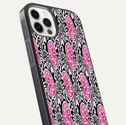 Crimson Paisley Charm Glass Case for iPhone 12 Pro close-up highlighting fine pattern detail and reflection tone