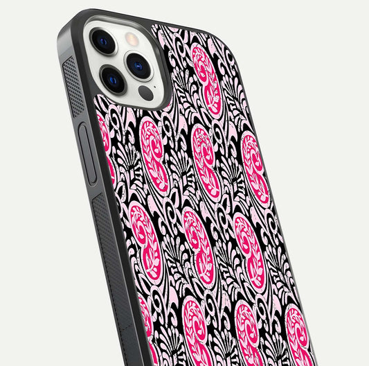 Crimson Paisley Charm Glass Case for iPhone 12 Pro close-up highlighting fine pattern detail and reflection tone