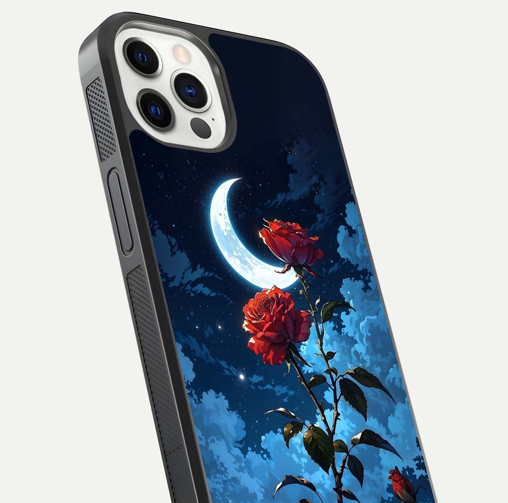 Crimson Rose Moon Glass Case for iPhone 12 Pro close-up showing rose detail and reflection highlight