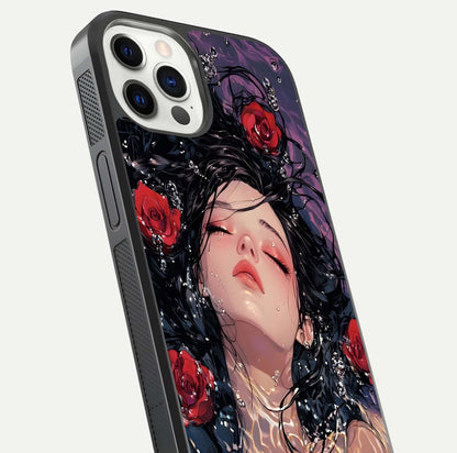 Crimson Rose Serenity Glass Case for iPhone 12 Pro close-up highlighting rose gradient and reflection detail