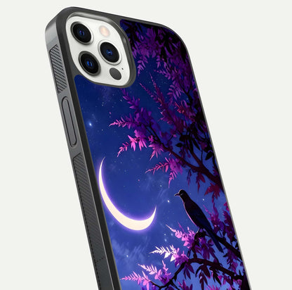 Crow & Moon Scenery Glass Case for iPhone 12 Pro close-up highlighting moon detail, dark tones, and glass reflection