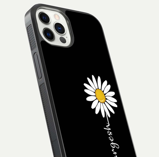 Custom Name White Flower Glass Case for iPhone 12 Pro close-up highlighting petals, name print, and reflection polish