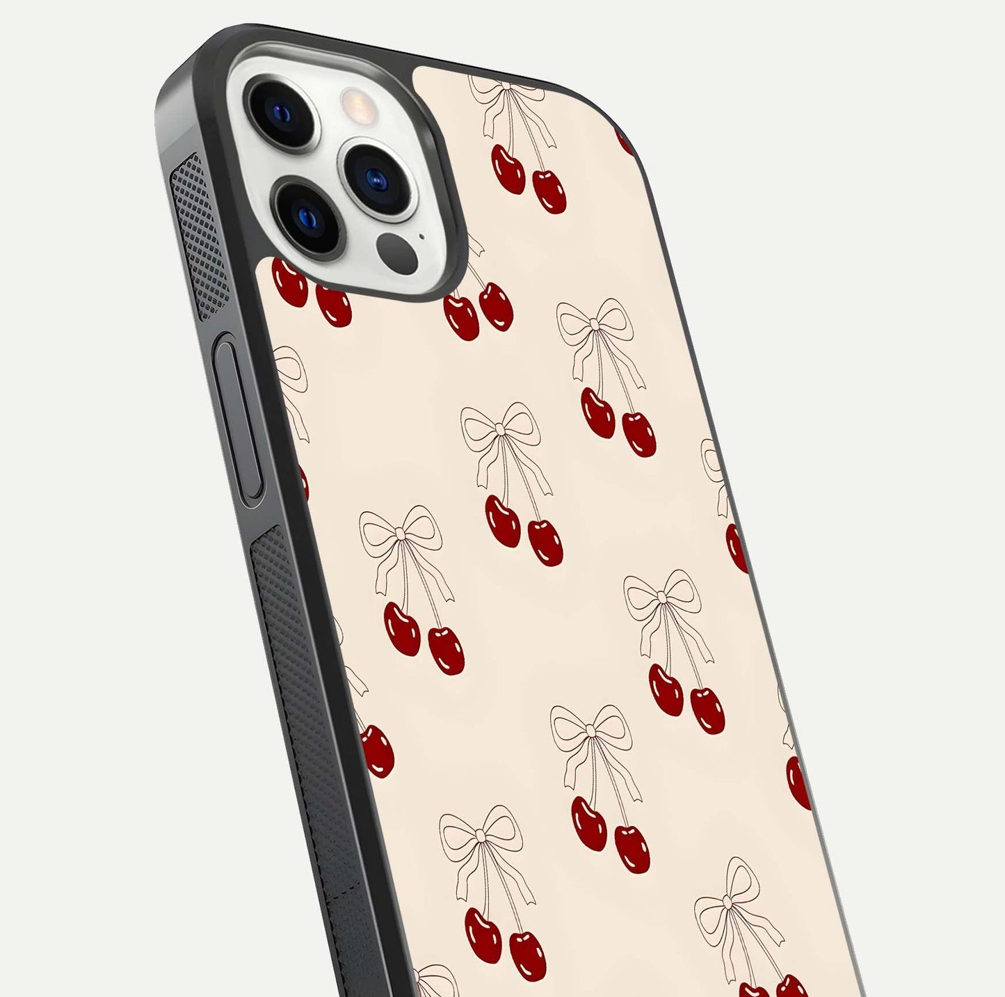Cute Cherry Pattern Glass Case for iPhone 12 Pro close-up showing cherry cluster details and light reflection