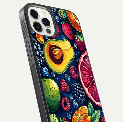 Cute Fruits Art Glass Case for iPhone 12 Pro close-up highlighting fruit shapes, color tones, and reflection polish