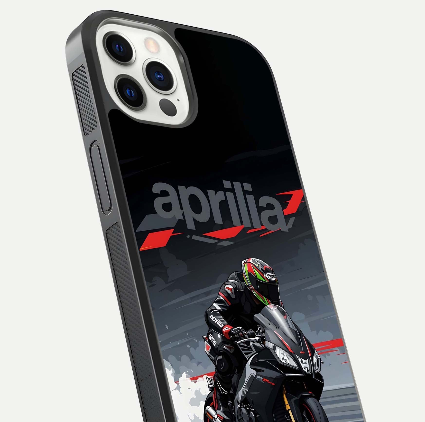 Dark Aprilla Glass Case for iPhone 12 Pro close-up highlighting detailing and reflection effect
