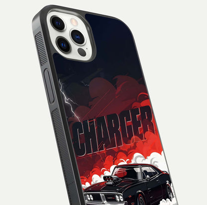 Dark Charger Fury Glass Case for iPhone 12 Pro close-up highlighting car reflection and light gloss