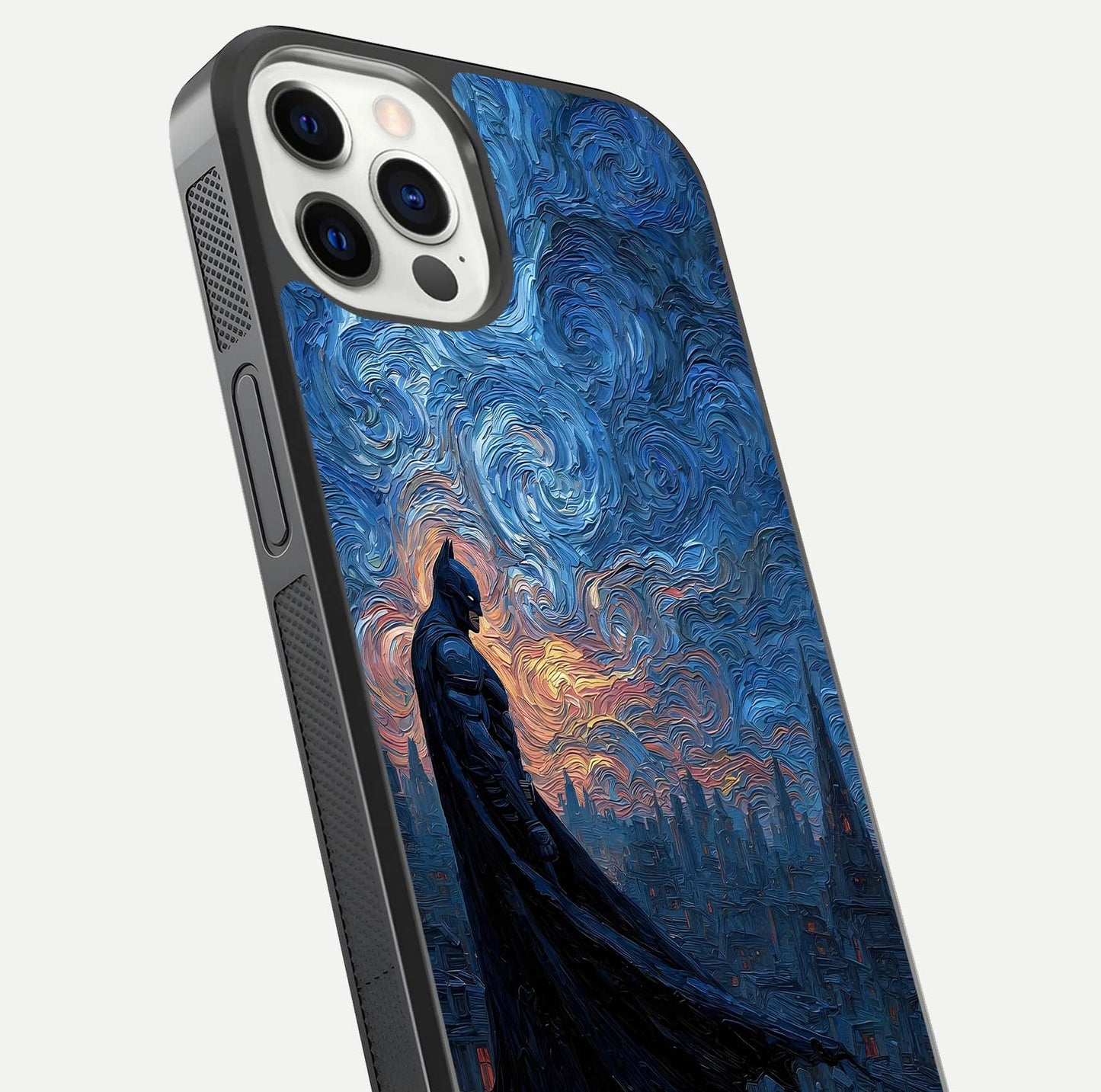 Dark Knight Dusk Glass Case for iPhone 12 Pro close-up highlighting dark suit texture and reflection detail