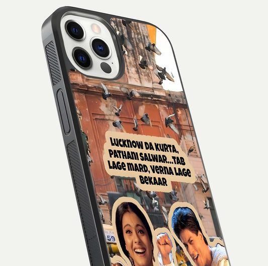 Desi Retro Vibes Glass Case for iPhone 12 Pro close-up highlighting retro color palette and reflection glow