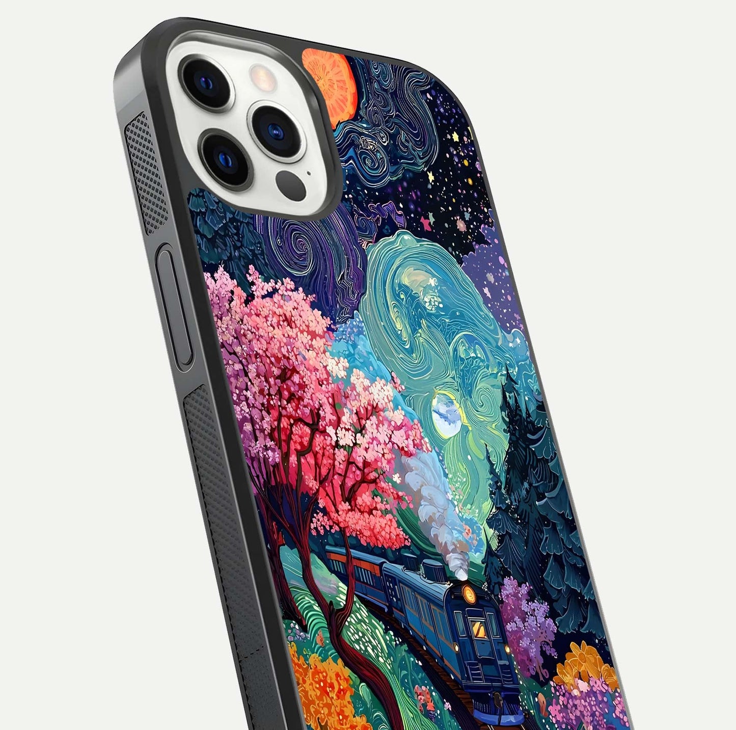 Digital Art Glass Case for iPhone 12 Pro close-up highlighting brush-stroke details and reflection polish