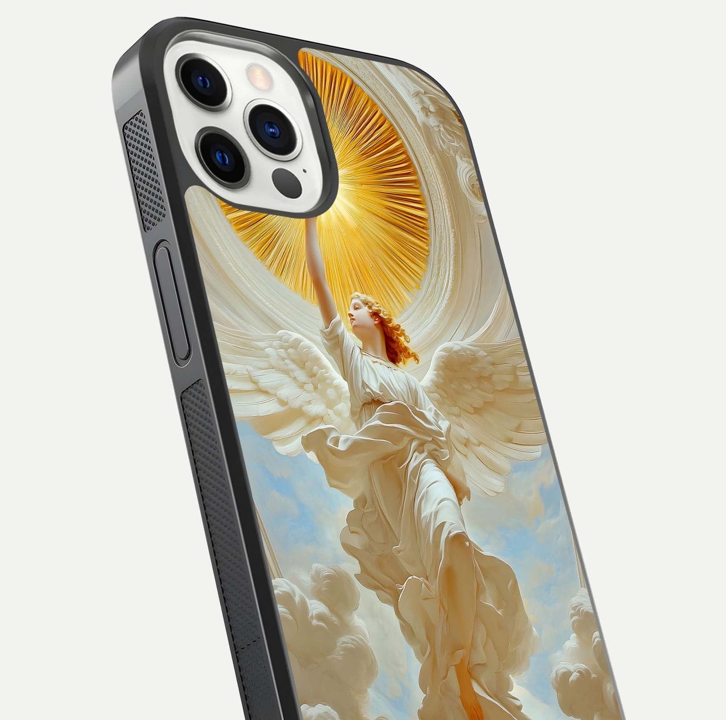 Divine Light Angel Glass Case for iPhone 12 Pro close-up highlighting light rays and glass reflection