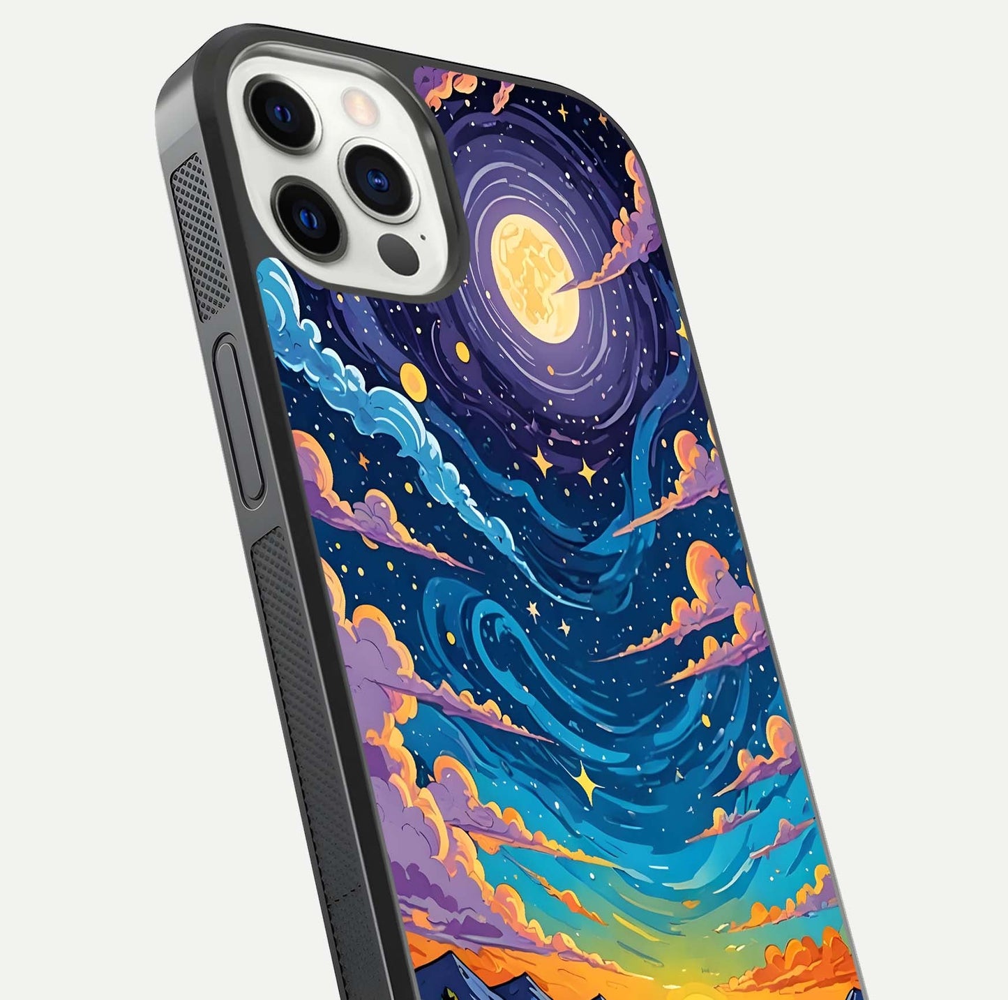 Dreamy Night Landscape Glass Case for iPhone 12 Pro close-up highlighting stars and reflection tone