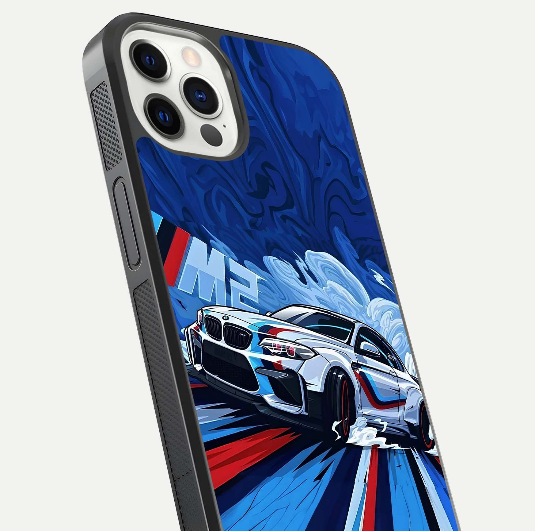 Drift Power Rush Glass Case for iPhone 12 Pro close-up highlighting car reflection and metallic tones