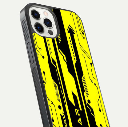 Electric Pulse CYBERPUNK Custom Name Glass Case for iPhone 12 Pro close-up highlighting tech pattern, lighting effect, and reflection shine