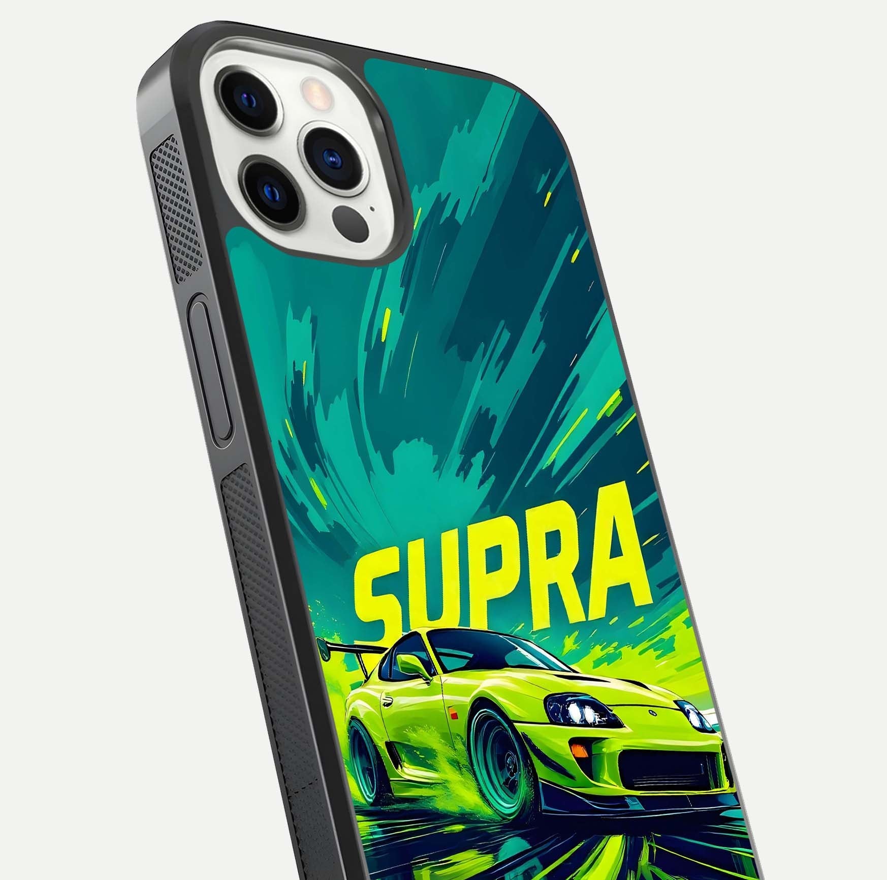 Electric Supra Thunder Glass Case for iPhone 12 Pro close-up highlighting car reflection, neon tones, and gloss polish