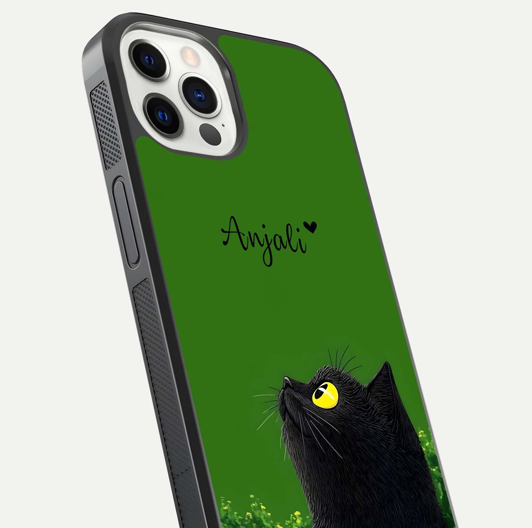 Emerald Cat Custom Name Glass Case for iPhone 12 Pro close-up highlighting feline detail, emerald hues, and reflection polish