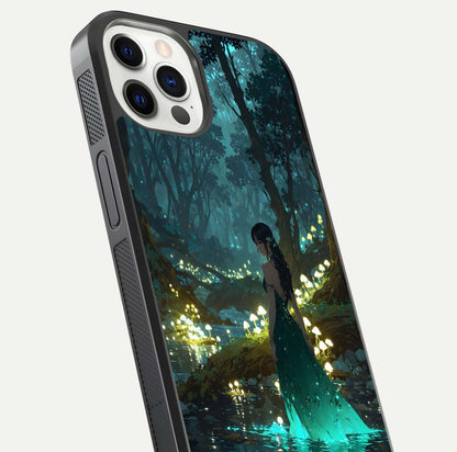 Enchanted Forest Glow Glass Case for iPhone 12 Pro close-up highlighting trees, lights, and reflection texture