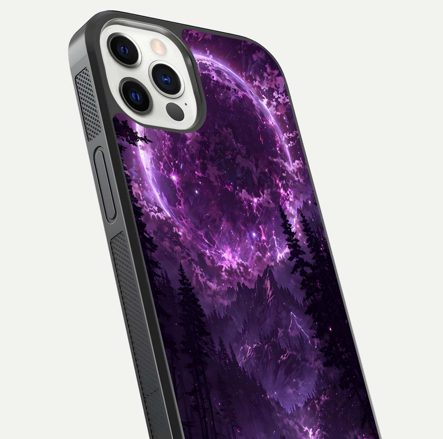 Eternal Cosmic Drive Glass Case for iPhone 12 Pro close-up highlighting cosmic lights and reflection depth