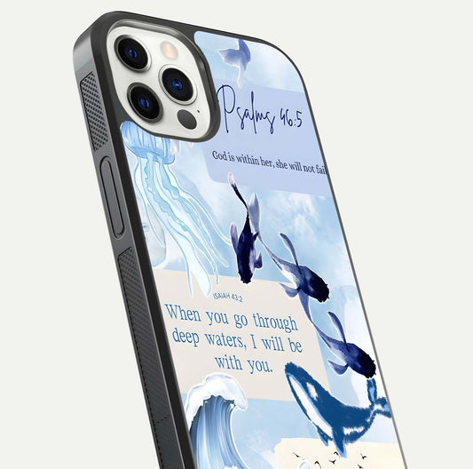 Faithful Ocean Promise Glass Case for iPhone 12 Pro close-up highlighting water reflection and serene blue tones