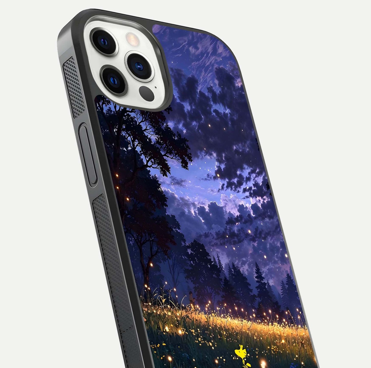 Firefly Meadow Magic Glass Case for iPhone 12 Pro close-up highlighting luminous firefly light and reflection detail