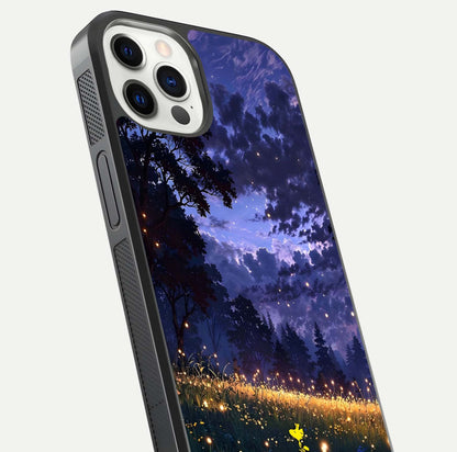 Firefly Meadow Magic Glass Case for iPhone 12 Pro close-up highlighting luminous firefly light and reflection detail