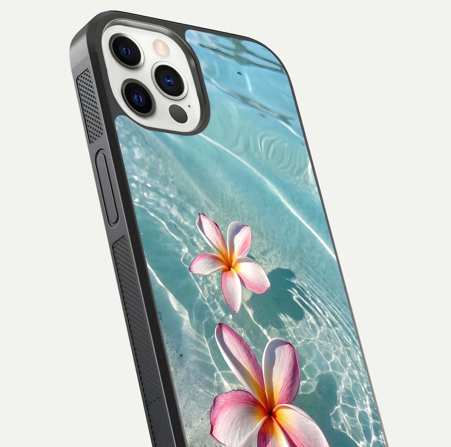 Floating Bloom Bliss Glass Case for iPhone 12 Pro close-up highlighting petal detail and reflection tone