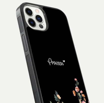 Floral Design Personalized Custom Name Glass Case for iPhone 12 Pro close-up highlighting name clarity, petals, and gloss
