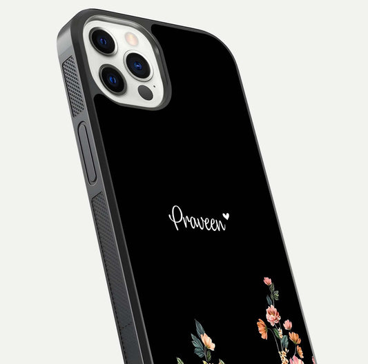 Floral Design Personalized Custom Name Glass Case for iPhone 12 Pro close-up highlighting name clarity, petals, and gloss