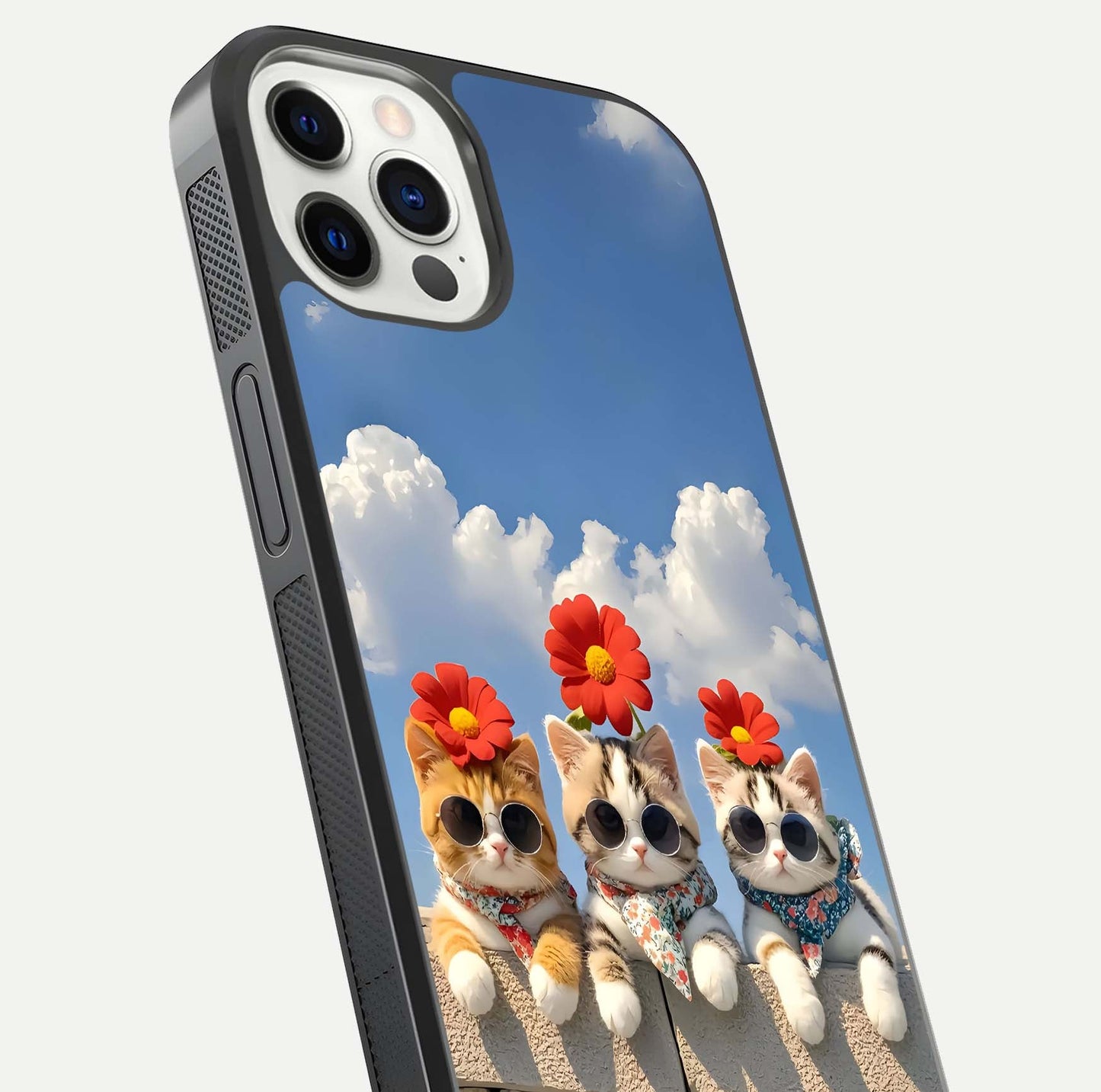 Floral Kitty Squad Glass Case for iPhone 12 Pro close-up highlighting cat detail and flower patterns with HD shine