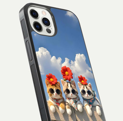 Floral Kitty Squad Glass Case for iPhone 12 Pro close-up highlighting cat detail and flower patterns with HD shine