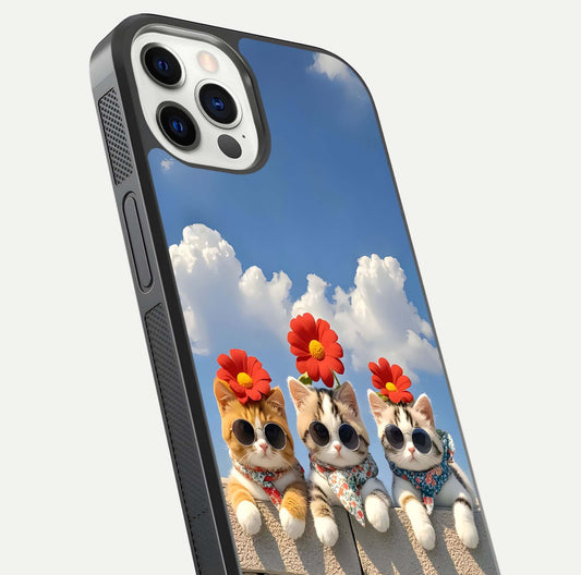 Floral Kitty Squad Glass Case for iPhone 12 Pro close-up highlighting cat detail and flower patterns with HD shine