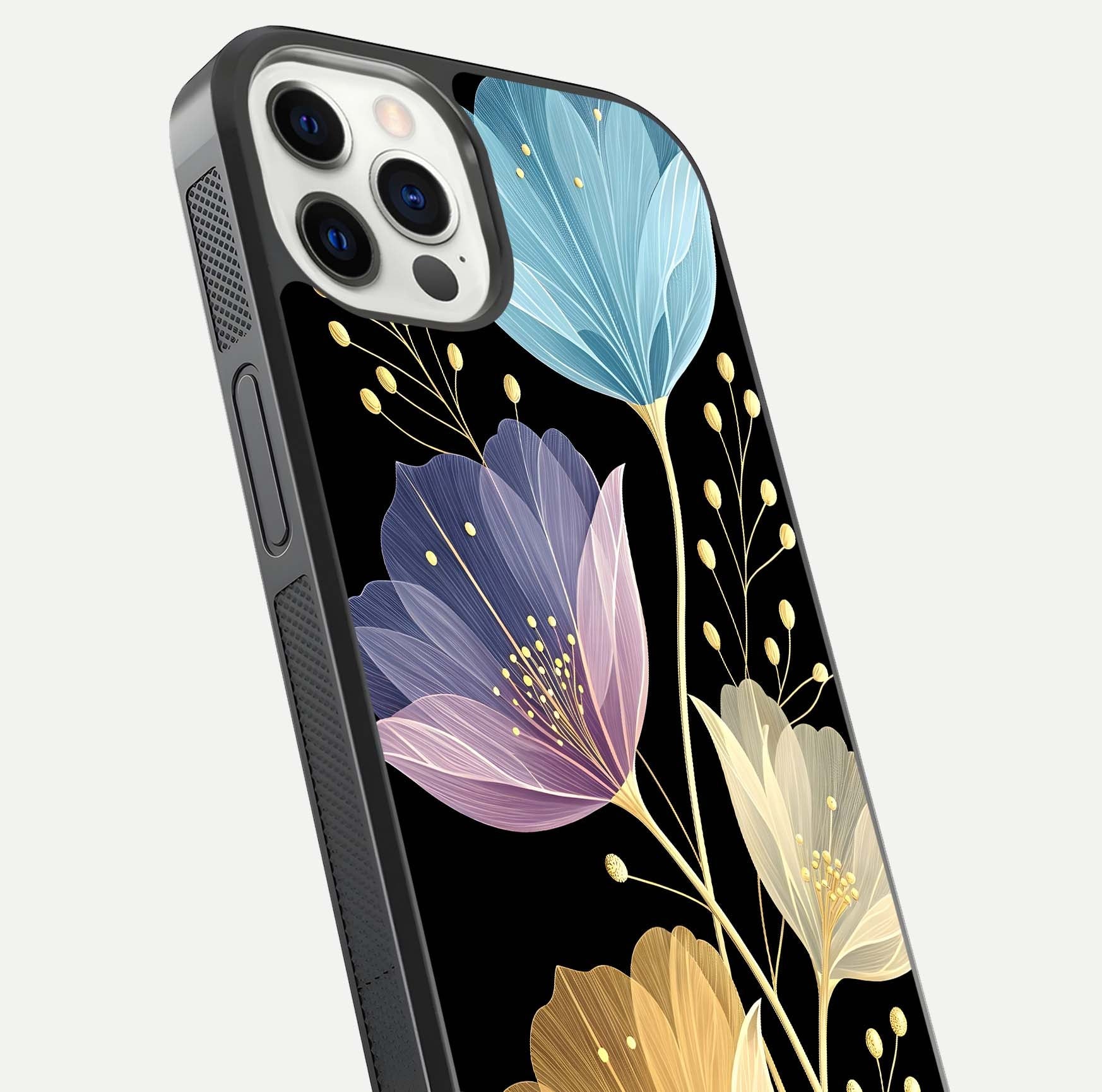 Flower Bloom Glow Glass Case for iPhone 12 Pro close-up highlighting bloom detail and reflection polish