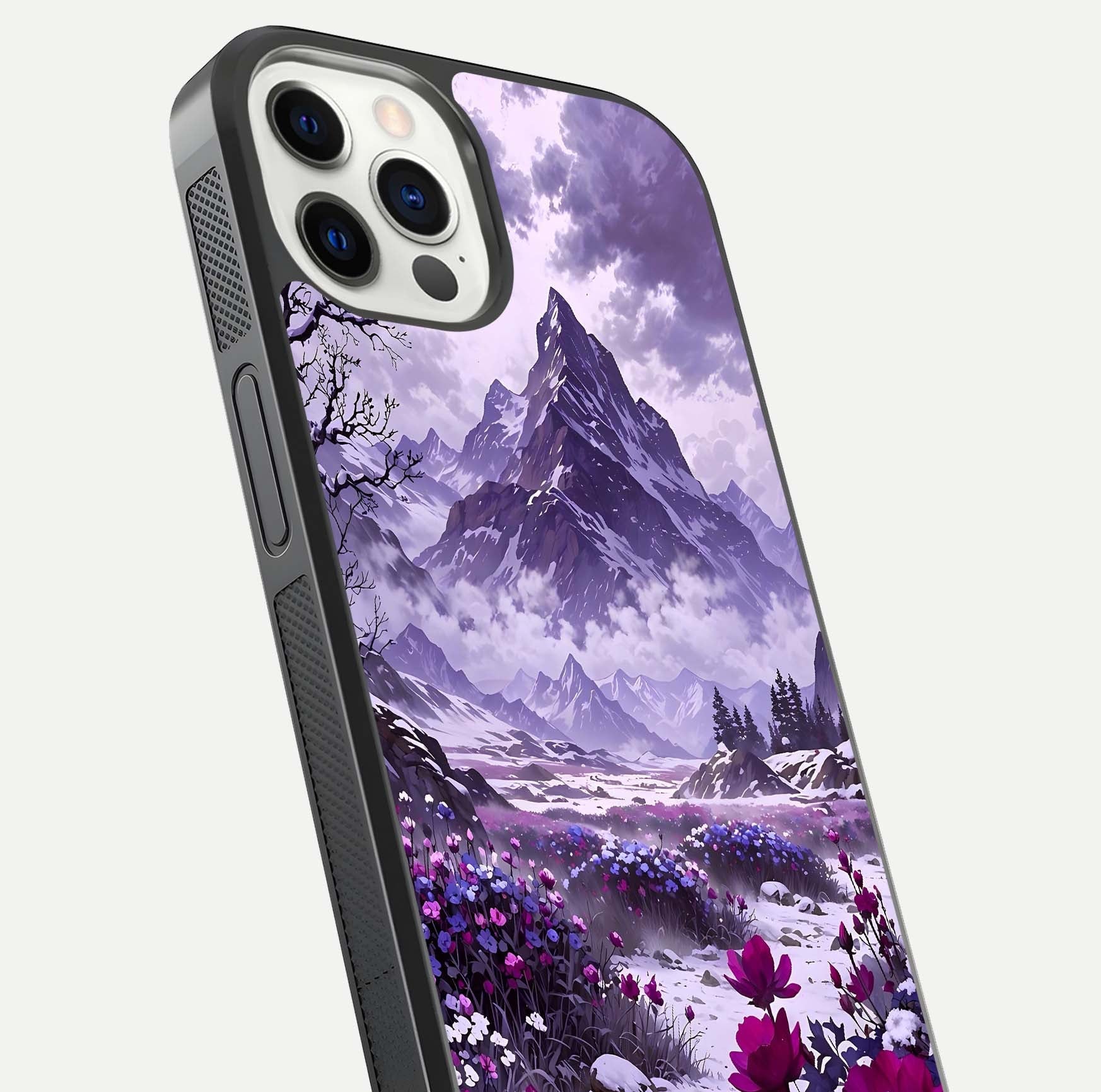 Flower Mountain View Glass Case for iPhone 12 Pro close-up highlighting petal details and sky reflection
