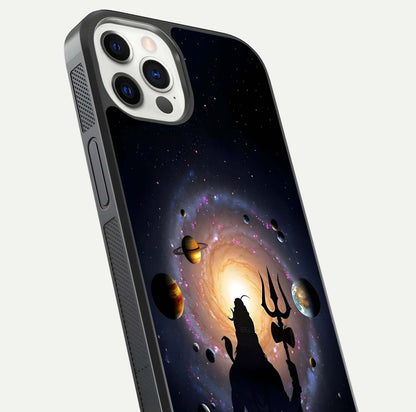 Galactic Shiva Vision Glass Case for iPhone 12 Pro close-up angled shot highlighting divine aura, trident details, and reflection shine
