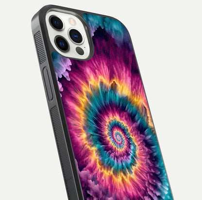 Galactic Spiral Burst Glass Case for iPhone 12 Pro close-up angled shot showing spiral burst detail, neon tones, and glossy reflection