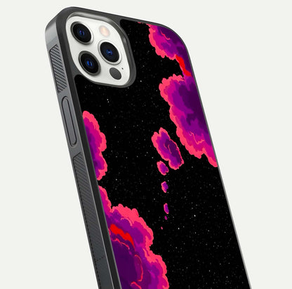 Galaxy Dream Frame Glass Case for iPhone 12 Pro close-up angled shot showing nebula patterns and reflection glow