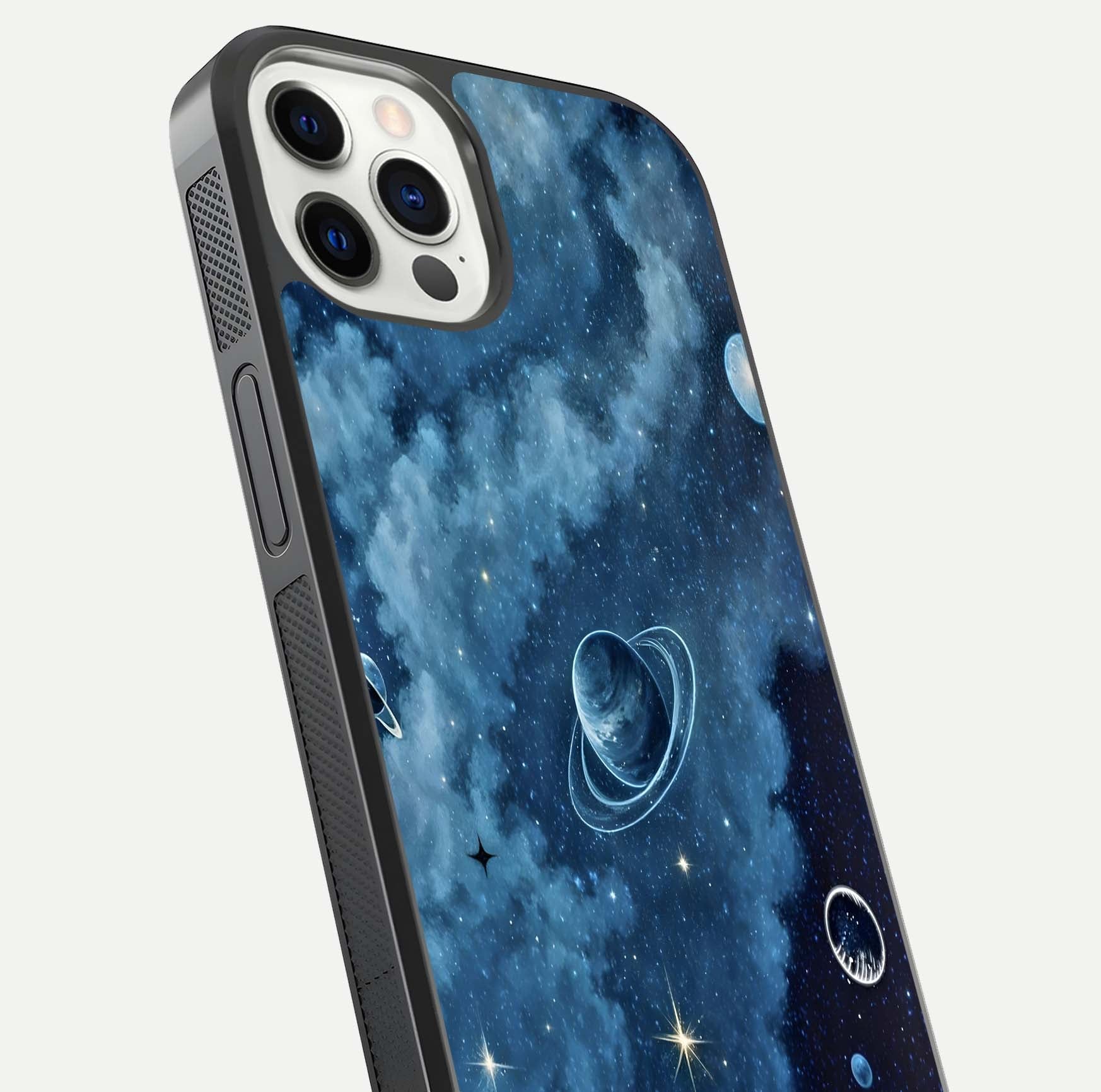 Galaxy Dream Space Glass Case for iPhone 12 Pro close-up angled shot highlighting nebula details and reflection shine