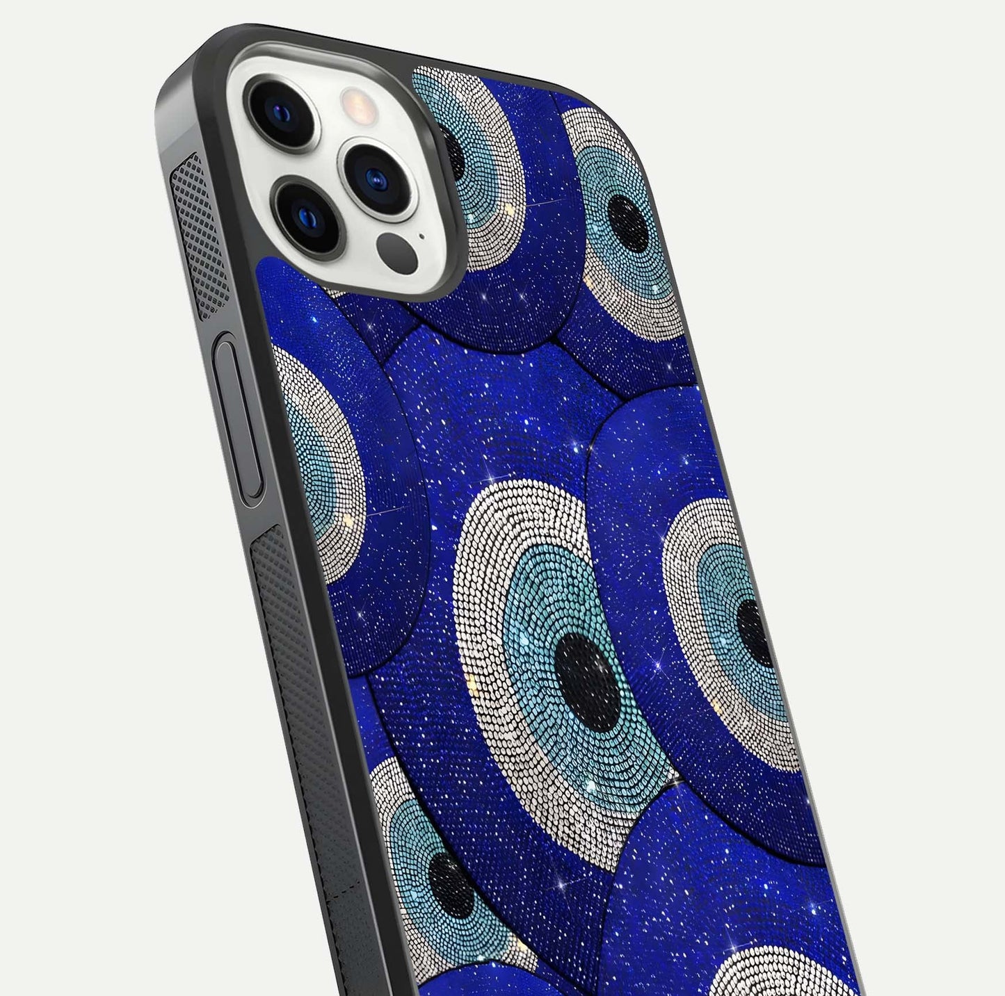 Galaxy Eye Flow Glass Case for iPhone 12 Pro close-up angled shot showing vivid swirl detail and reflection brightness