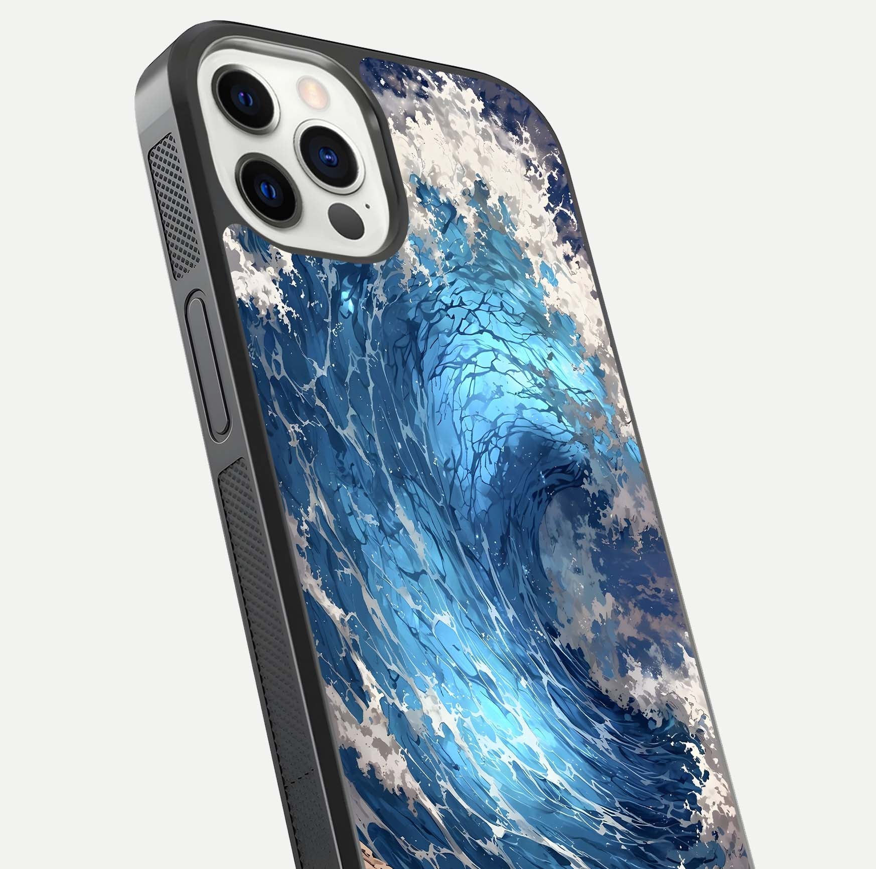Giant Ocean Wave Glass Case for iPhone 12 Pro close-up angled shot showing wave texture and water reflection shine