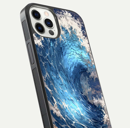 Giant Ocean Wave Glass Case for iPhone 12 Pro close-up angled shot showing wave texture and water reflection shine