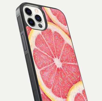 Glitter Grapefruit Glass Case for iPhone 12 Pro close-up angled shot showing fruit texture and glitter reflection